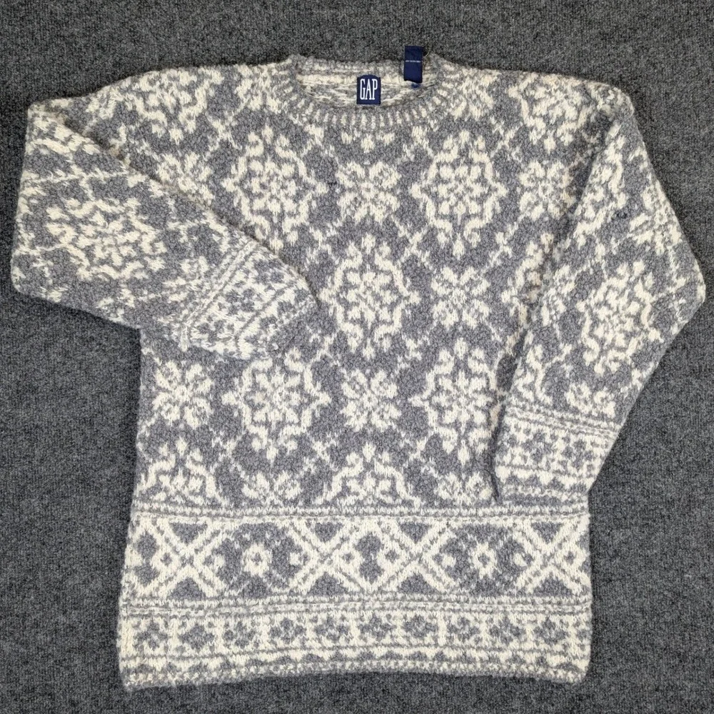 Gap Vintage Wool Mohair Blend Fair Isle Damask Crewneck Sweater Gray Large